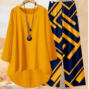 NWT ~ Women's 2pc Gold & Blue Outfit Top & Pants Set Pantsuit ~ Size XL